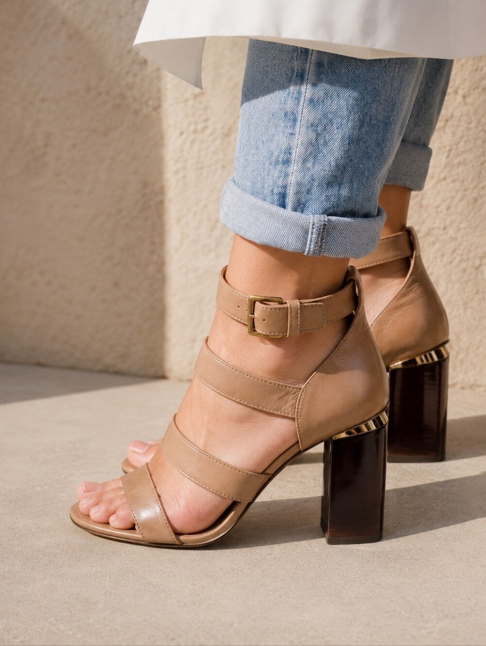 Tory Burch Beige Strappy Block Heel Sandals